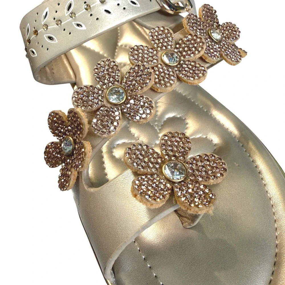 Womens Flower Rhinestones Thong Sandals Sz 8 Gold Summer Coquette Beach Vacation
